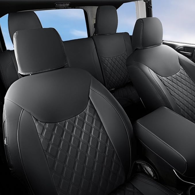 GIANT PANDA Customized Full Set Car Seat Covers for Jeep Wrangler 2 Door JK Sport Sahara Rubicon Freedom Willys Wheeler 2013 2014 2015 2016 2017, Faux Leather - (Black)