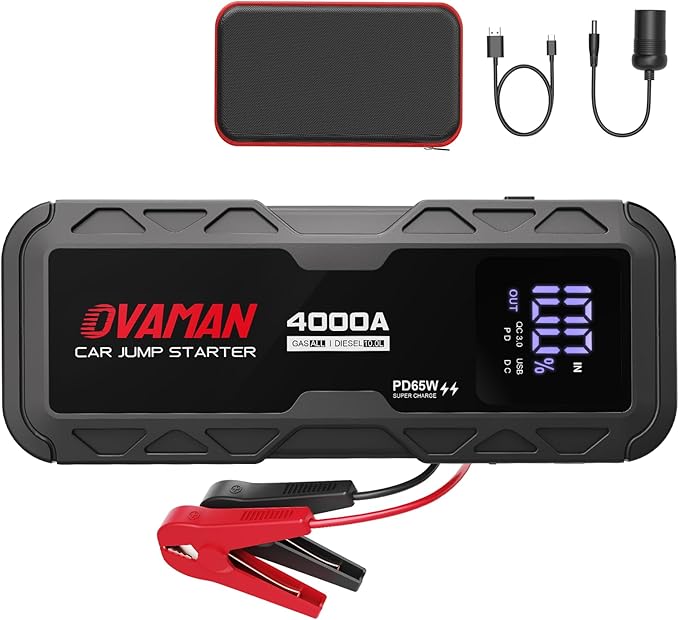 H5 Jump Starter, Portable 4000A Peak Car Battery Jump Starter(All Gas 10L Diesel) 12V Jump Box Auto Battery Pack Starter with Two-Way 65W Quick Charge Type-C Power Bank,LED Light,Jumper Cables