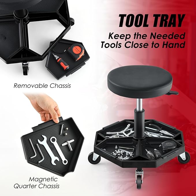 IRONMAX Rolling Mechanic Stool, Adjustable Shop Stool Creeper Seat with Removable Tool Tray, Padded Plush Cushion, Universal Wheels, Heavy Duty Metal Frame, 330 LBS Max Load (Black)