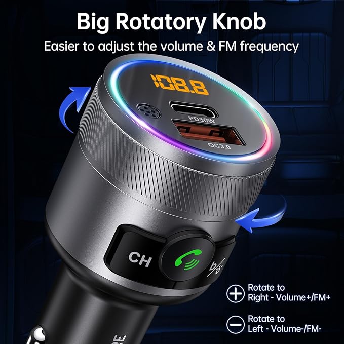 Syncwire Bluetooth 5.4 FM Transmitter for Car, 38W PD&QC3.0 Dual USB Charging Bluetooth Car Adapter Microphone & Bass Sound MP3 Music Player FM Kit with Hands-Free Calling