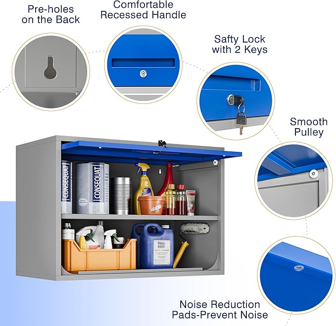Yizosh Metal Storage Cabinet with Doors & Shelves - Wall Mounted, Floating - Blue Gray, 21.6" H - For Garage, Basement, Kitchen, Warehouse