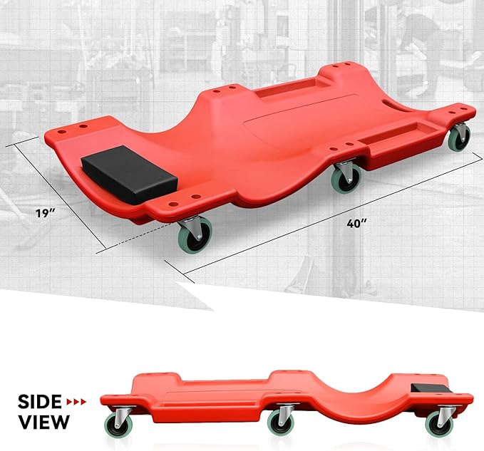 Auto Dynasty 40 Inches Mechanic Creeper, Automotive Garage Repair Low Profile Under Car Rolling Creeper with Padded Headrest, Plastic, Red