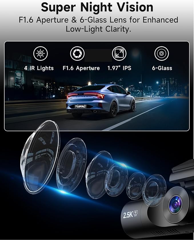 3 Channel Dash Cam, Dash Camera 2.5K Front and Dual 1080P Inside/Rear with 64GB Card, Wi-Fi Dash Cam Front and Rear, Night Vision, G-Sensor, 24H Parking, Loop Recording, 1.97”IPS, Support 256GB