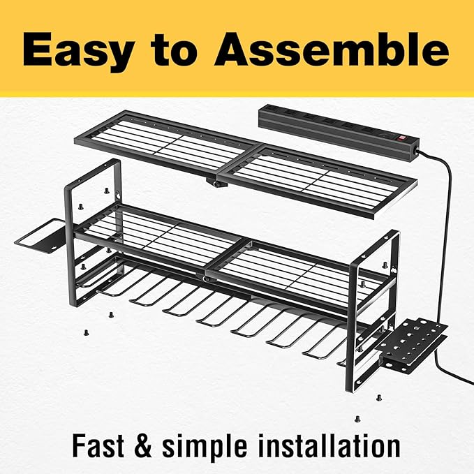 YYR Heavy Duty Power Tool Organizer with Charging Station, Cordless Drill Hanger Storage Rack, Battery Tools Holder Wall Mount Shelf for Garage - 32 Inch Equipped with Surge Protection Power Strip