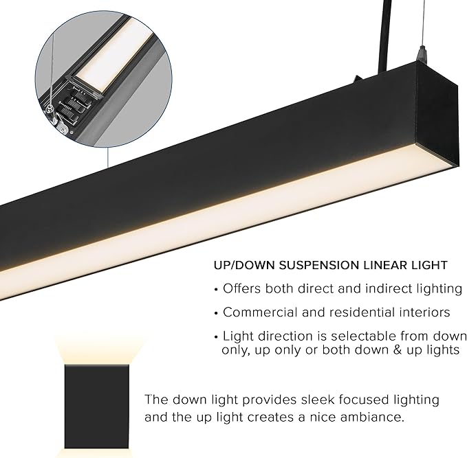 Maxxima 4 ft. LED Black Linear Light, Up and Down Adjustable Light Output, 3 CCT 3500K/4000K/5000K, Commercial and Residential 36W Suspension Pendant, Ideal for Office, Home, Shop, Garage, School