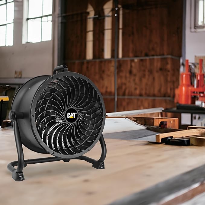 CATERPILLAR 14 inch Heavy Duty Industrial High Velocity Drum Air Circulator Utility Shop Floor Fan, 360 degree Pivoting Metal Drum Head, 2300 CFM, Dual Ball Bearing 4-speed Motor, BLACK