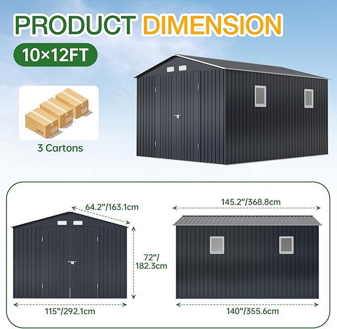 Breezz Outdoor Storage Shed 10 x 12 ft. Utility Tool Shed Metal Storage Garden Shed with Lockable Doors, Windows & Metal Frame Floor for Patio Storage, Nightblue