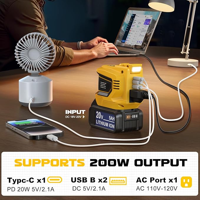 Power Inverter 200W Portable Power Station Generator Compatible with DeWALT 20V,20v to AC 110v,Supply Charger Adapter with Dual USB,AC Outlet and Type-C with 5Ah Battery & Charger Station Kit