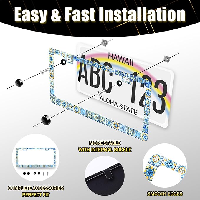 Blue White Mexican Tiles License Plate Frame Boho License Plate Holder Stainless Steel Colorful Car Accessories Decoration 6.3"X12.3" with 2 Holes Screws