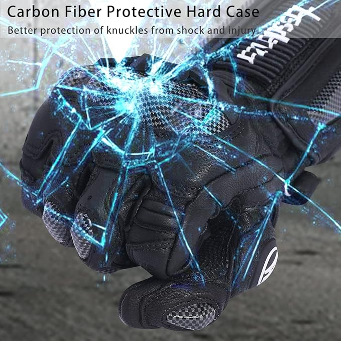 Harssidanzar Leather Motorcycle Gloves for Men and Women,Powersports Carbon Fiber Knuckle Protection Motorbike Gloves KM045
