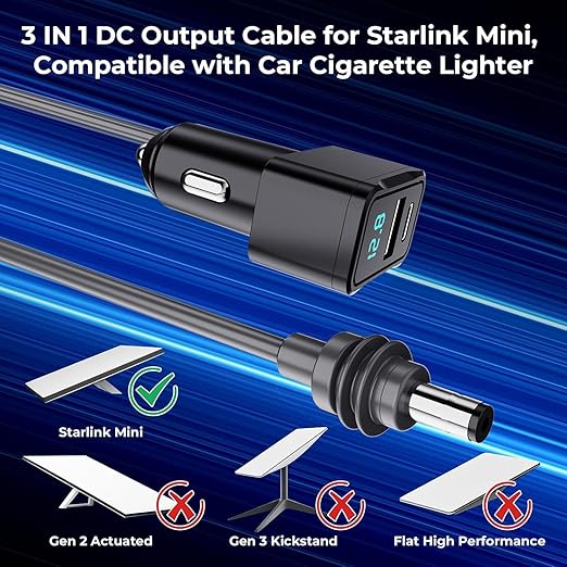 3 in 1 Starlink Mini Cable 10FT, Nolansend Starlink Mini Car Charger DC Power Cable+Cigarette Lighter Adapter 12V-48V with Digital Display, Durable USB C PD 36W/USB A 18W Ports for Trucks and Cars
