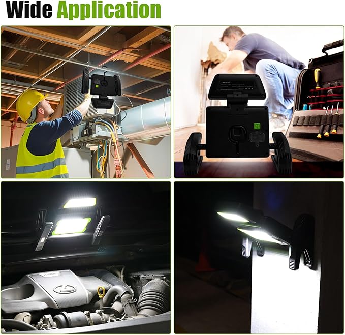 Rechargeable Work Light with Clamp, 3000 Lumen Magnetic Work Light Battery Powered with 5 Light Modes, 350° Rotation, Portable Job Site Lighting for Construction Site, Workshop, Car Repairing