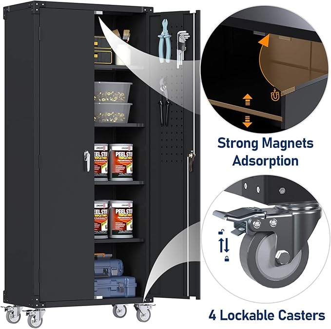Garage Storage Cabinet with Wheels & Pegboard, 72" H Locking Metal Storage Cabinet with Doors and 4 Adjustable Shelves for Garage Workshop Home, Assembly Required, Black