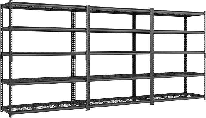 SONGMICS 5-Tier Storage Shelves Set of 3, Heavy-Duty Garage Shelving, Adjustable Shelving Unit, Steel Shelf, Boltless Assembly, for Garage, 2,200 lb Load, 24 x 144 x 72 Inches, Ink Black UGLR454B03