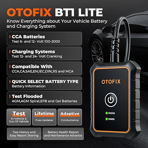 OTOFIX Car Battery Tester BT1 Lite, 6V 12V 100-2000 CCA Car Battery Analyzer, Auto Cranking Charging System Test Scan Tool, Battery Load Test,Use with D1/D1 Lite/D1 PROS/D1 MAX/IM1/IM2/Ultra