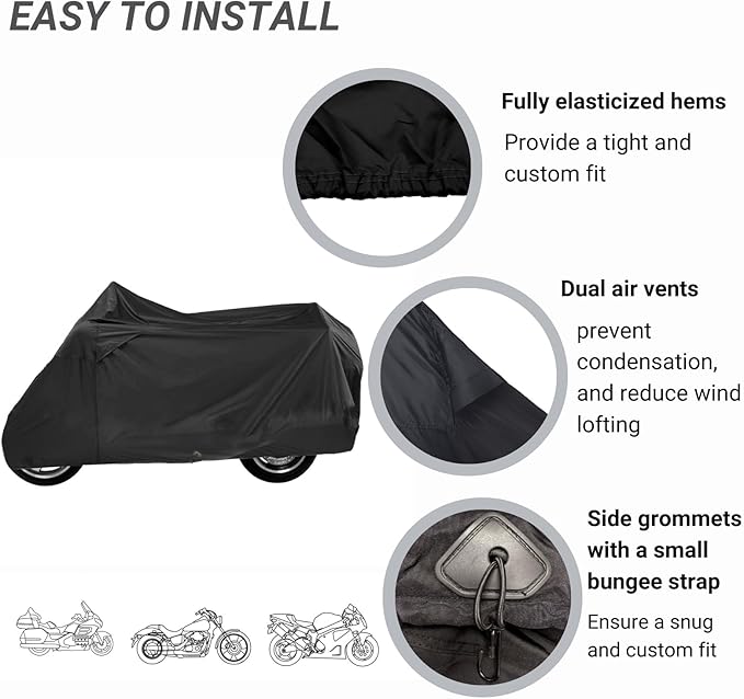 Deluxe Motorcycle Cover, Waterproof All Weather Outdoor Protection Universal Motorcycle Cover, Fade & Tear Proof Polyester fits Motorbike up to 110" L