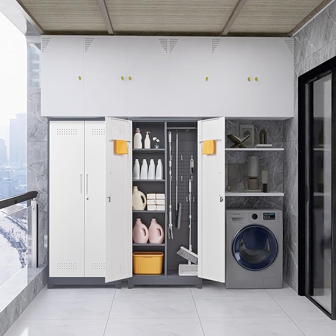GREATMEET 72.8" Broom Storage Cabinet, Utility Cabinets for Brooms and Mops, Metal Storage Cabinets for Cleaning Supplies, Utility Closet for Garage, Grey&White