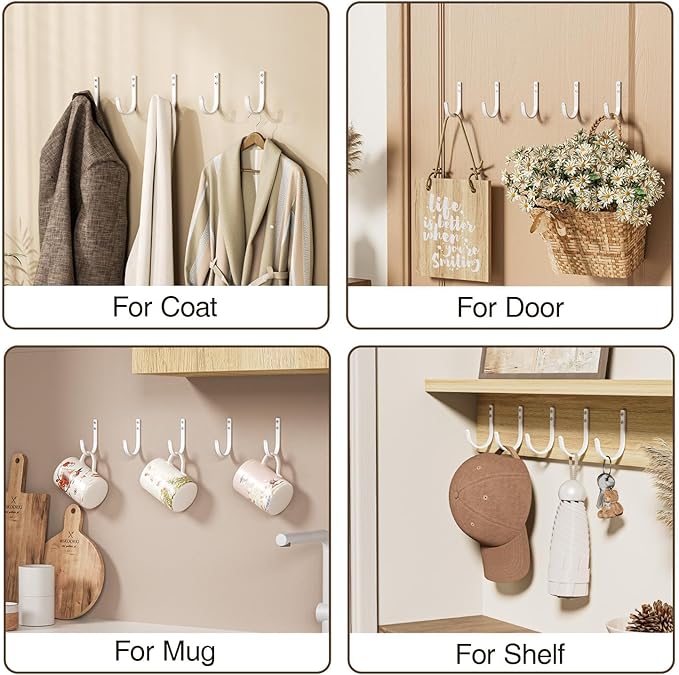 10-Pack Wall Hooks for Towel/Coat - 22LB Heavy Duty Metal Hanger Wall Mount, for Outdoor, Closet, Door, Shelf, Bathroom, for Backpack, Cup, Clothes, Mug, White Matte Screws Included