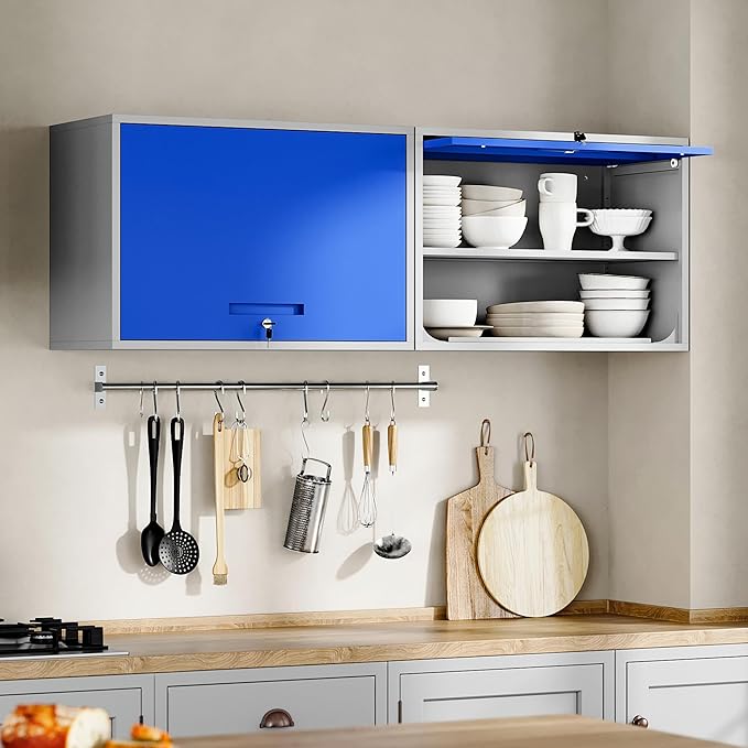 Yizosh Metal Storage Cabinet with Doors & Shelves - Wall Mounted, Floating - Blue Gray, 21.6" H - For Garage, Basement, Kitchen, Warehouse