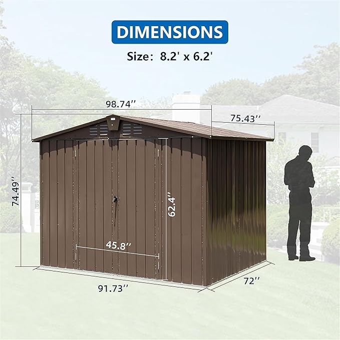 IKERY Metal Storage Shed - 8.2' x 6.2' with Double Lockable Doors and Air Vents, Utility Tool Shed for Backyard, Patio and Garden, Brown