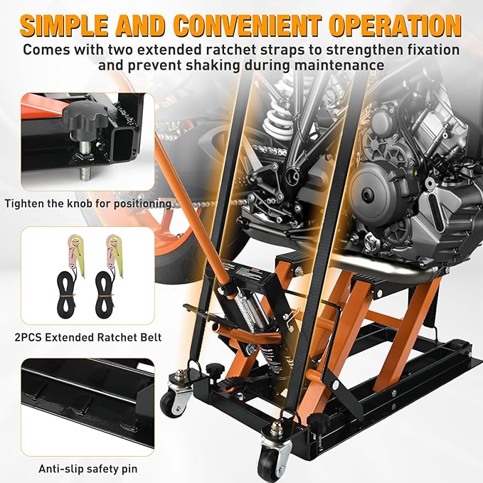 Nilight Motorcycle Lift Jack 1500 LBS Hydraulic Lifts ATV Scissor Jacks with Wheel Foot Pedal Handle Ratchet Belt Heavy Duty Lifter Stand Hoist Table for Dirt Bike Garage Storage Repair Tool,Orange