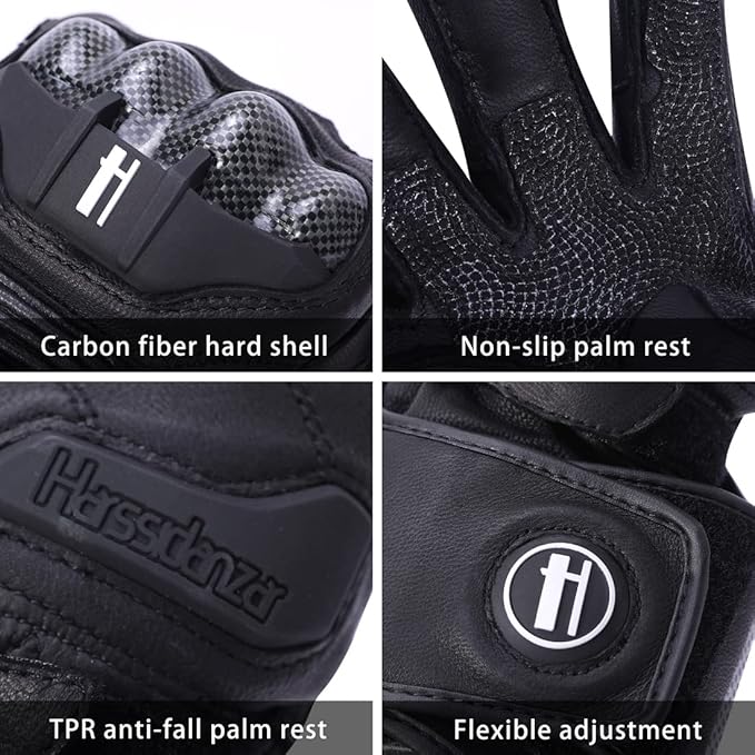 Harssidanzar Leather Motorcycle Gloves for Men and Women,Powersports Carbon Fiber Knuckle Protection Motorbike Gloves KM045