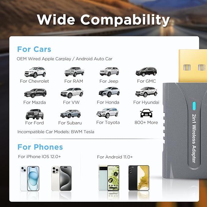 2in1 CarPlay Android Auto Wireless Adapter, Mini Car Play Cars Stick, Fast Auto Connection for OEM Wired CarPlay Car Model 2017 Above, for iPhone iOS 12 /Android 11 Above, Silver