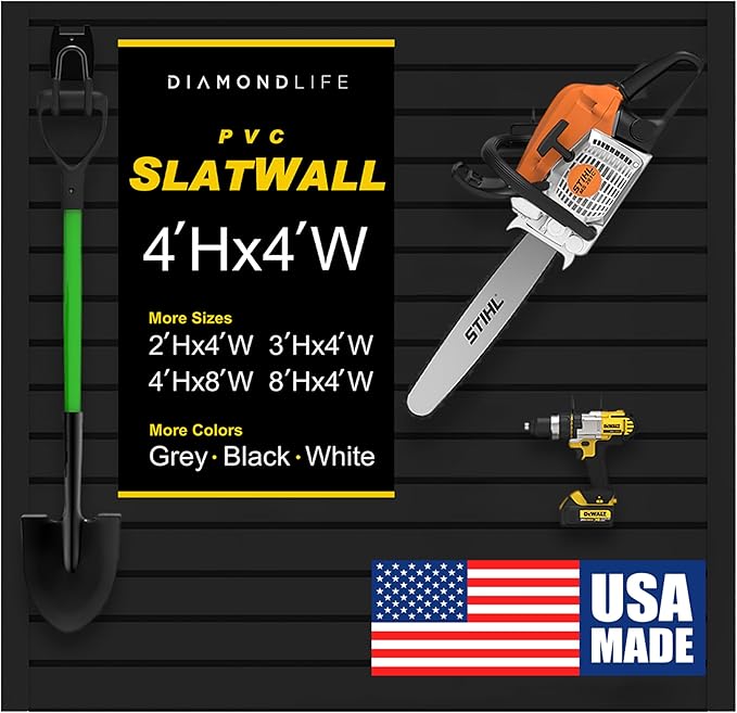 DLDIRECT Slatwall Panel Garage Wall Organizer: Heavy Duty Mounted PVC Rack, Interlocking Slat Paneling for Storage, Board, Shelves System -Black (4’H x 4’W)
