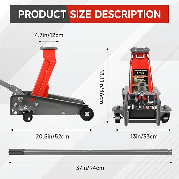 3 Ton Floor Jack,6600 LBS Heavy Duty Hydraulic Floor Jack,Lift Range:5.31'' -18.11'', Carbon Steel with Wheels for Cars,Suitable for Home,Garage and Repair Shops,Red