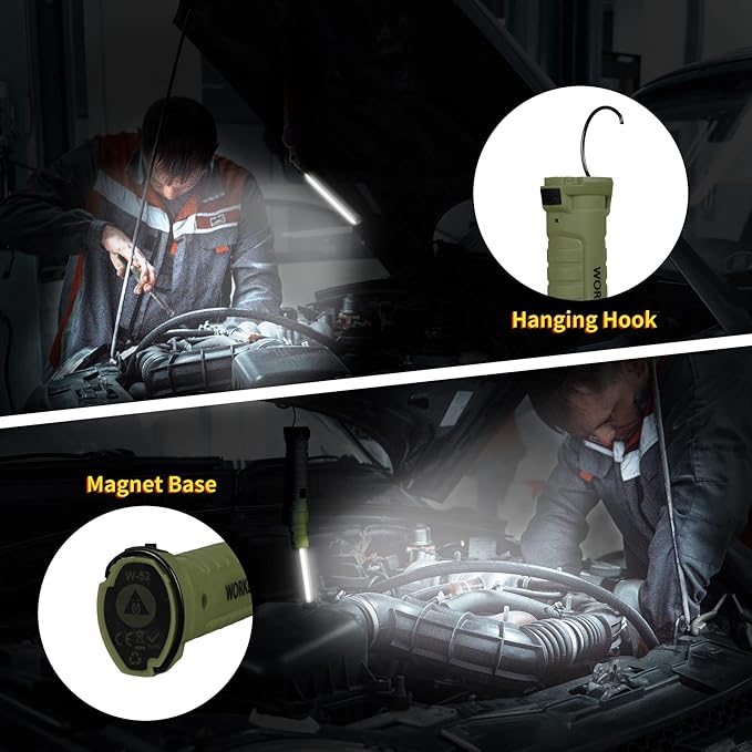 Suranew LED Worklight Flashlight, COB Rechargeable Work Lights with Magnetic Base 360 Degree Rotate and 5 Modes Portable Flood Light Inspection Construction Light for Car Repair (Army Green, 2 Pack)