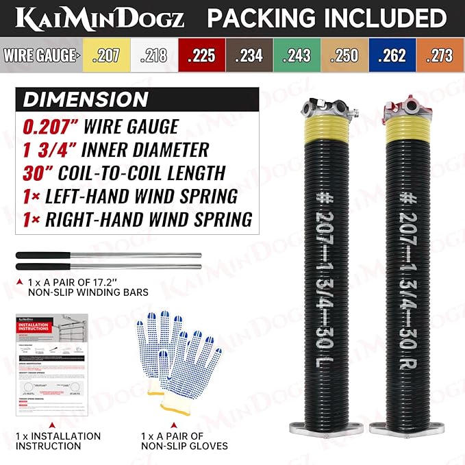 Pair of 1.75" Garage Door Torsion Springs Set with Non-Slip Winding Bars&Gloves, High Precision Electrophoresis Oil-Free Black Coated for Replacement, MIN 16,000 Cycles (0.207 x 1.75"x 30")