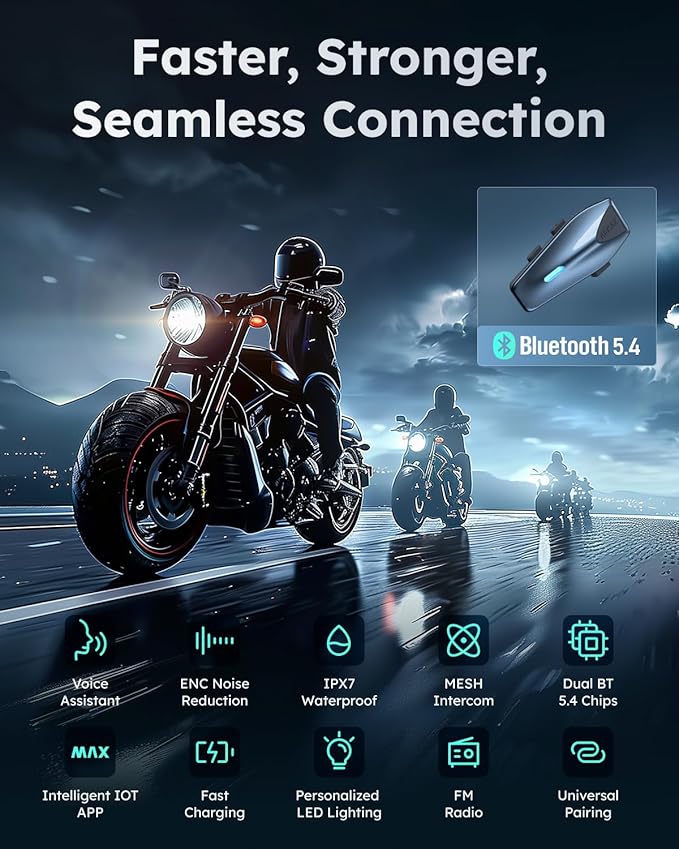 S1 Motorcycle Bluetooth Headset with 3 Intercom Modes, 8-Rider Mesh Communication, AI Voice, FM Radio, Auto Volume, Waterproof, Fast Charging for Helmet/ATV/UTV/Snowmobile(Blue)