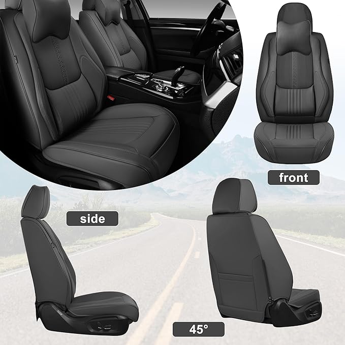 Front Seat Covers, 2 Pieces Universal Seat Covers for Cars, Waterproof Leather Auto Seat Protectors with Head Pillow, Car Seat Cushions Fit for Most Sedans SUV Pick-up Truck, Gray
