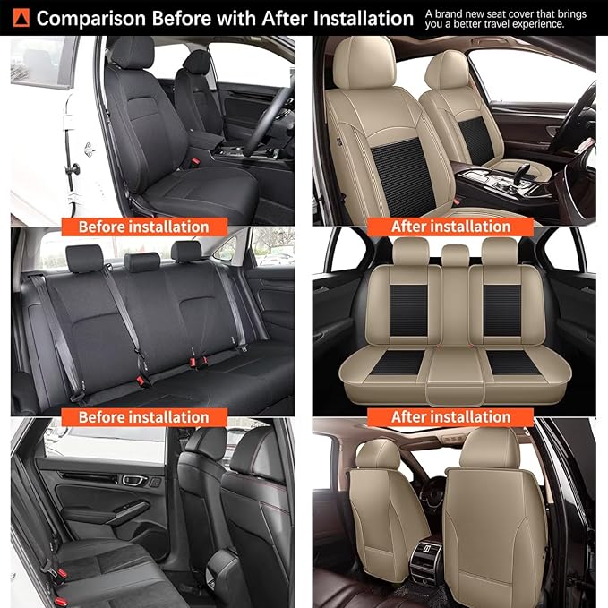 Seat Covers Fit for Toyota Camry 2012-2023 2024 2025: Car Seat Covers Full Set 5 Seats Leather Ice Silk Breathable Waterproof Automotive Seat Cushion Protector (Black & Beige)