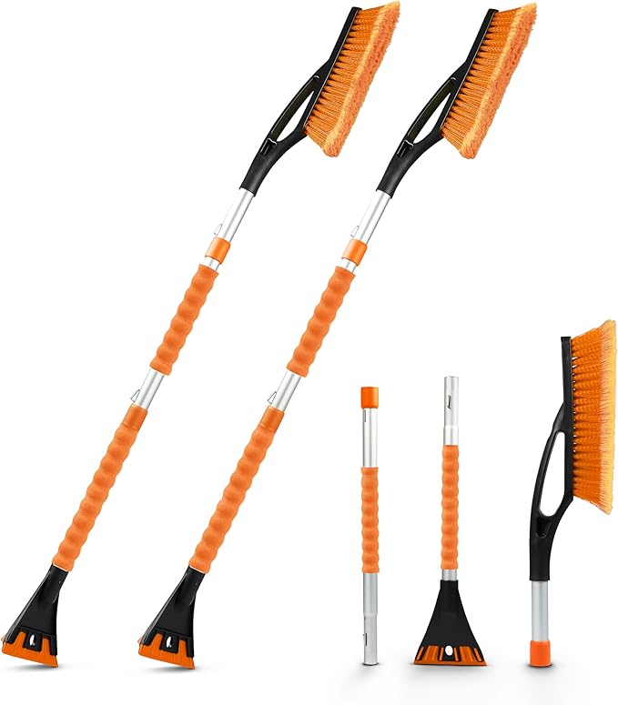 EcoNour 43" Ice Scrapers for Car Windshield Extendable | 3 Parts Detachable Telescopic Snow Brush for Car, Trucks, SUV | Long Snow Scraper with Brush | Car Winter Accessories (2 Pack)