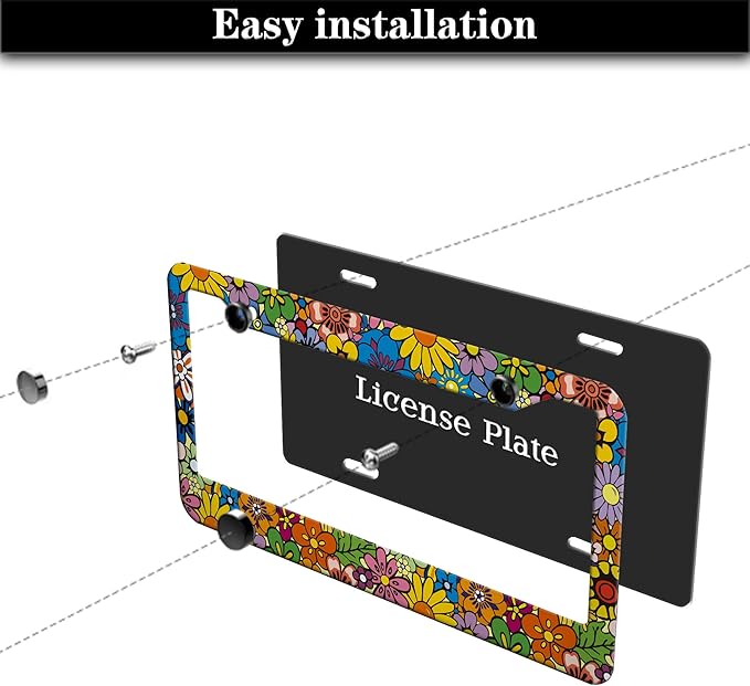 License Plate Frames Multicolor Car Plate Frames Abstract Hippie Flowers Universal Aluminum Car Accessory 2 Pack with Screw Covers Set
