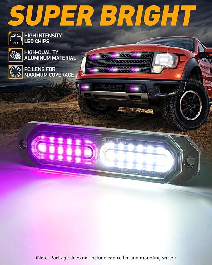 HLauto 1200T Emergency Strobe Grille Lights: 8pcs 12 LED Sync Feature Safety Warning Flashing Light, Ultra Slim Surface Mount Hazard Caution Light for Trucks, Vehicles, Car, ATV, UTV (Purple White)