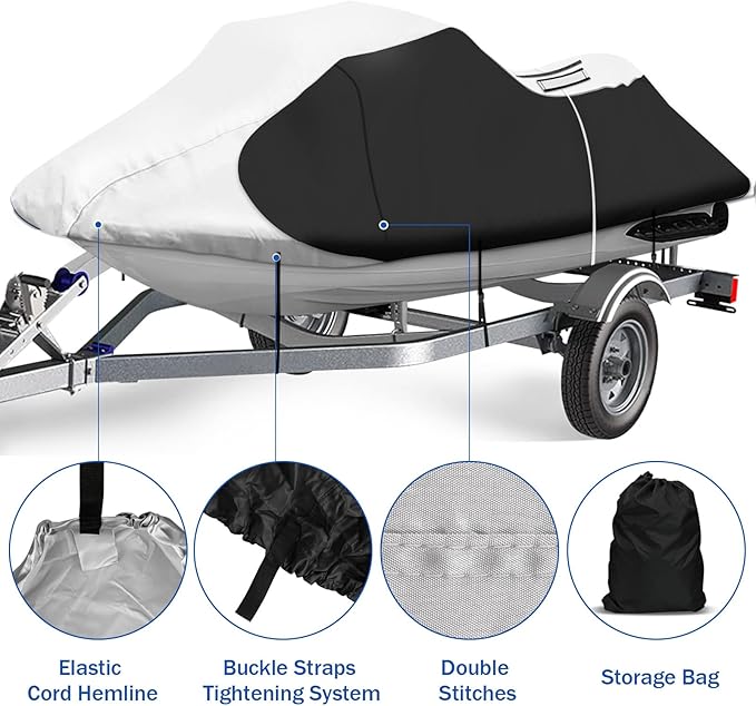iCOVER Personal Watercraft Cover- Water Proof Heavy Duty Trailerable Jet Ski Covers for Seadoo Kawasaki Yamaha Wave Runner, Fits PWC Models Up to 125in Long