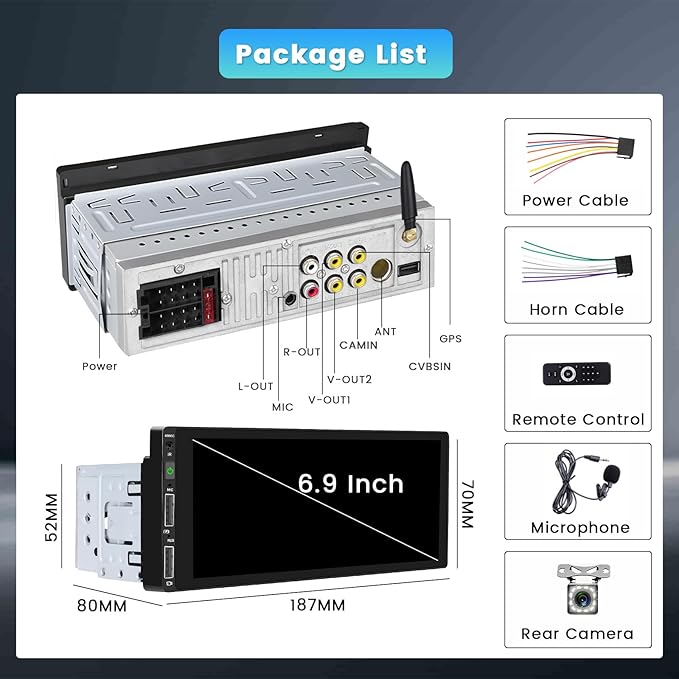 6.9 Inch Single Din Car Stereo with Carplay Android Auto, HD Touchscreen with Bluetooth FM Radio EQ SWC Dual USB Port with Backup Camera MIC MP5 Player Car Audio Receiver