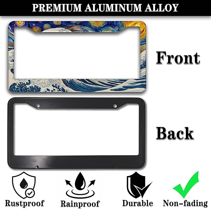 Car Plate Frames for Women Multicolor License Plate Protector for Men Starry Night Big Wave Aluminum Metal Car Accessory 2 Pack with Screw Covers Set