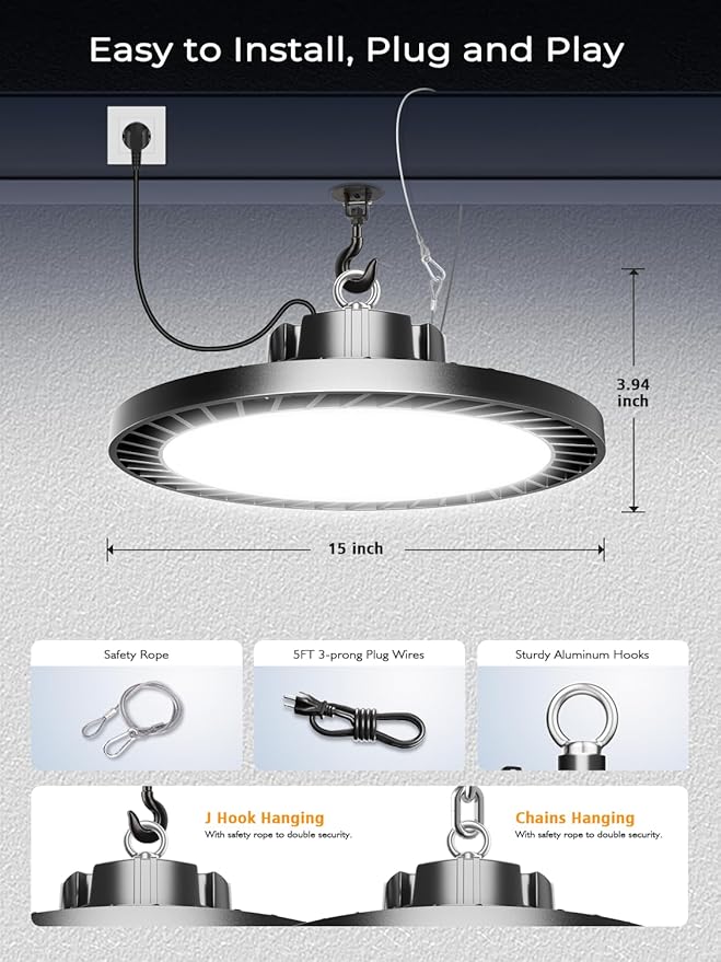 Super Bright 350W UFO LED High Bay Lights 8 Pack | 52500 Lumens 5000K Aluminum High Bay LED Shop Lights for Garage Warehouse Factory Workshop | Highbay Garage Shop Lighting