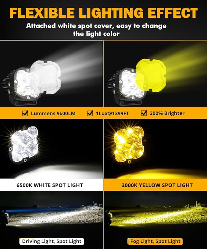 Auxbeam 3 Inch LED Pods, XP-Ultra Series Offroad LED Cube Light, 80W 9600LM Spot Beam White Spotlight Amber Fog Ditch Lights Auxiliary Driving Lights for 4×4 Jeep Truck ATV UTV, Pair