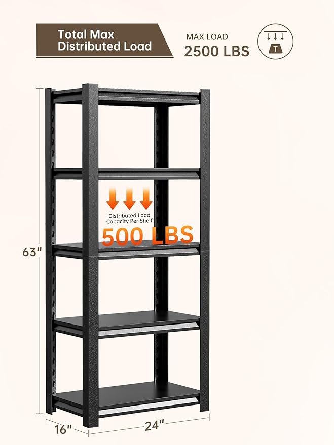 JHYKHG 63" H Storage Shelves,5-Tier Heavy Duty Garage Shelving,Adjustable Shelving Unit,Metal Shelf,Boltless Assembly Rack for Warehouse,Shed,2,500 lb Load,16 x 24 x 63 Inches,Black