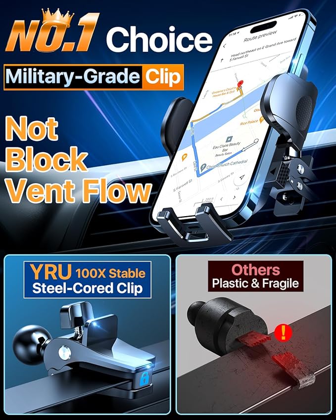 [2025 Upgrade Extreme Strong Suction] YRU Car Phone Holder Mount,[Bumpy Road Stable]Dashboard Cell Phone Holder for Car Vent Windshield Phone Stand for iPhone 16 15 14 13 Pro Max Samsung Truck, Black