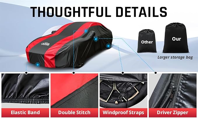 Car Cover Waterproof All Weather Protection with Red Stripe Design, Universal Fit Ford Mustang, Chevrolet Camaro, Toyota Camry, Honda Accord Civic, Nissan Altima,Tesla Model 3
