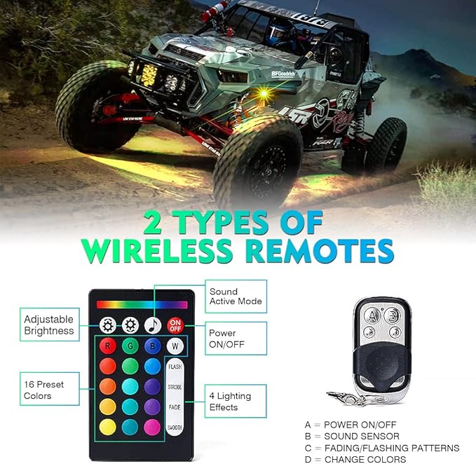Xprite Bluetooth RGB LED Rock Lights Kit, Multicolor Neon Accent Music Flashing Lighting Underglow Kits with RF Controller for Off-Road, Trucks, Cars, UTV, ATV, SUV, RZR, Motorcycles, Boats - 10 PCS