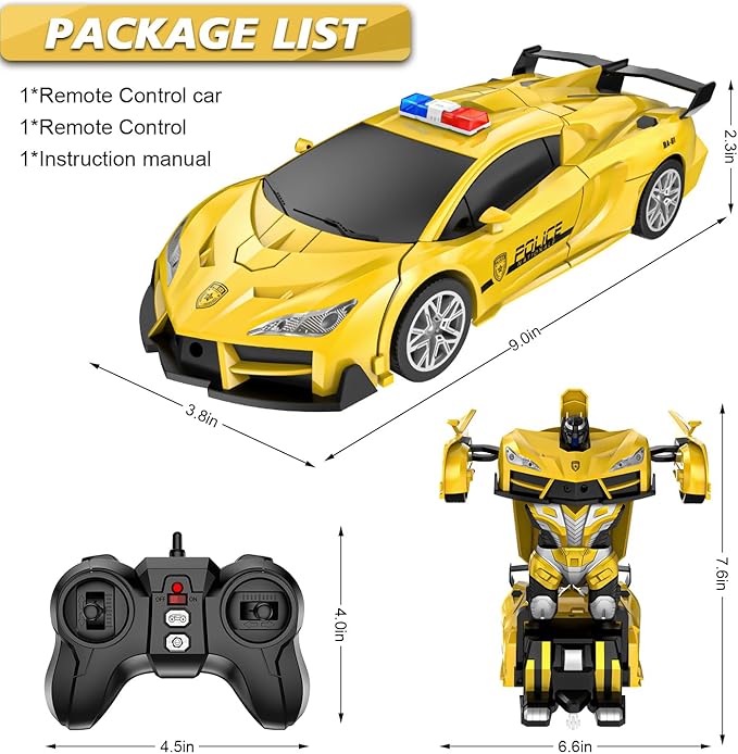 Remote Control Car for Boys 4-7, 2.4GHz RC Car 1:18 Scale, One-Button Transforming Toy with 360° Spins, LED Lights（Yellow）