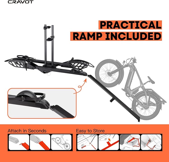 CyberRack E2 Hitch 2 EBike Rack with Ramp, 200 lbs Capacity Electric Bike Carrier Foldable Platform Mount, Up to 5-inch Fat Tire Bicycle for 2'' Receiver Cars Trucks SUVs Minivans RV, Trailer