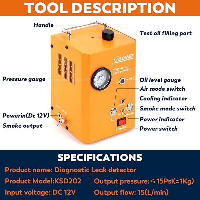 XDOVET Smoke Machine Automotive Leak Detector, KSD201 Pro Auto EVAP Smoke Leak Tetser with Built-in Air Pump, Pressure Gauge, Emission Vacuum Exhaust Smoke Tester Tools Kit for Cars
