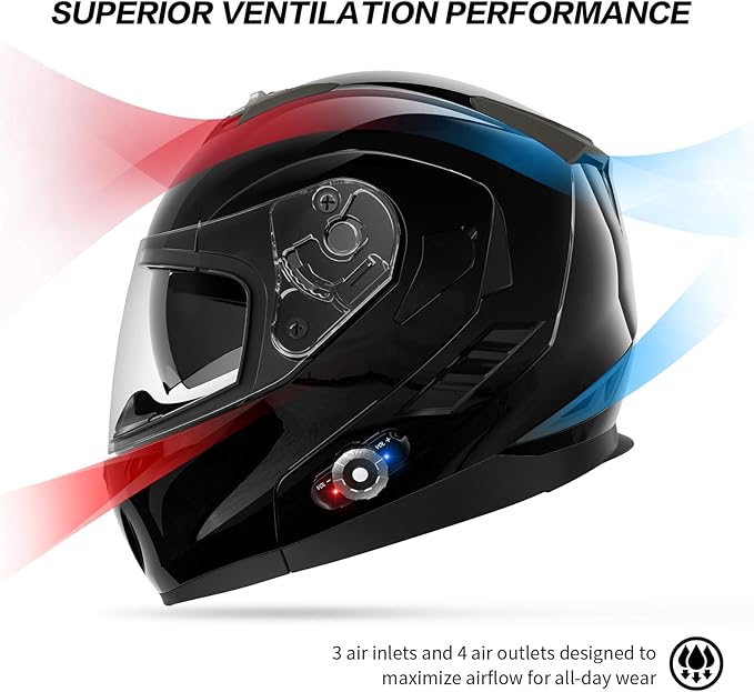 Motorcycle Helmet Bluetooth 5.0 Integrated New EPS FreedConn BM2-S Modular Flip Up Dual Visor Motorbike Helmet DOT FMVSS-218 Approved MP3 FM for Adults Men Women(Large, Glossy Black)
